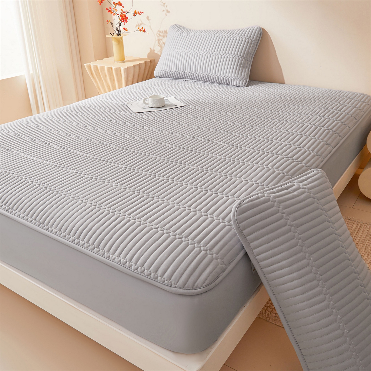 91家纺网 家纺一手货源 找家纺 雯豆家纺 2025新款简爱A类夹棉床笠三件套水洗棉磨毛床单保护套 简爱-暮云灰