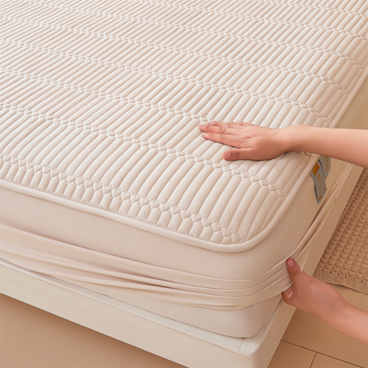 雯豆家纺 2025新款简爱A类夹棉床笠三件套水洗棉磨毛床单保护套 简爱-奶咖