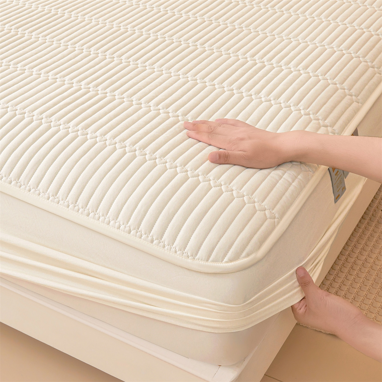 雯豆家纺 2025新款简爱A类夹棉床笠三件套水洗棉磨毛床单保护套 简爱-月光白