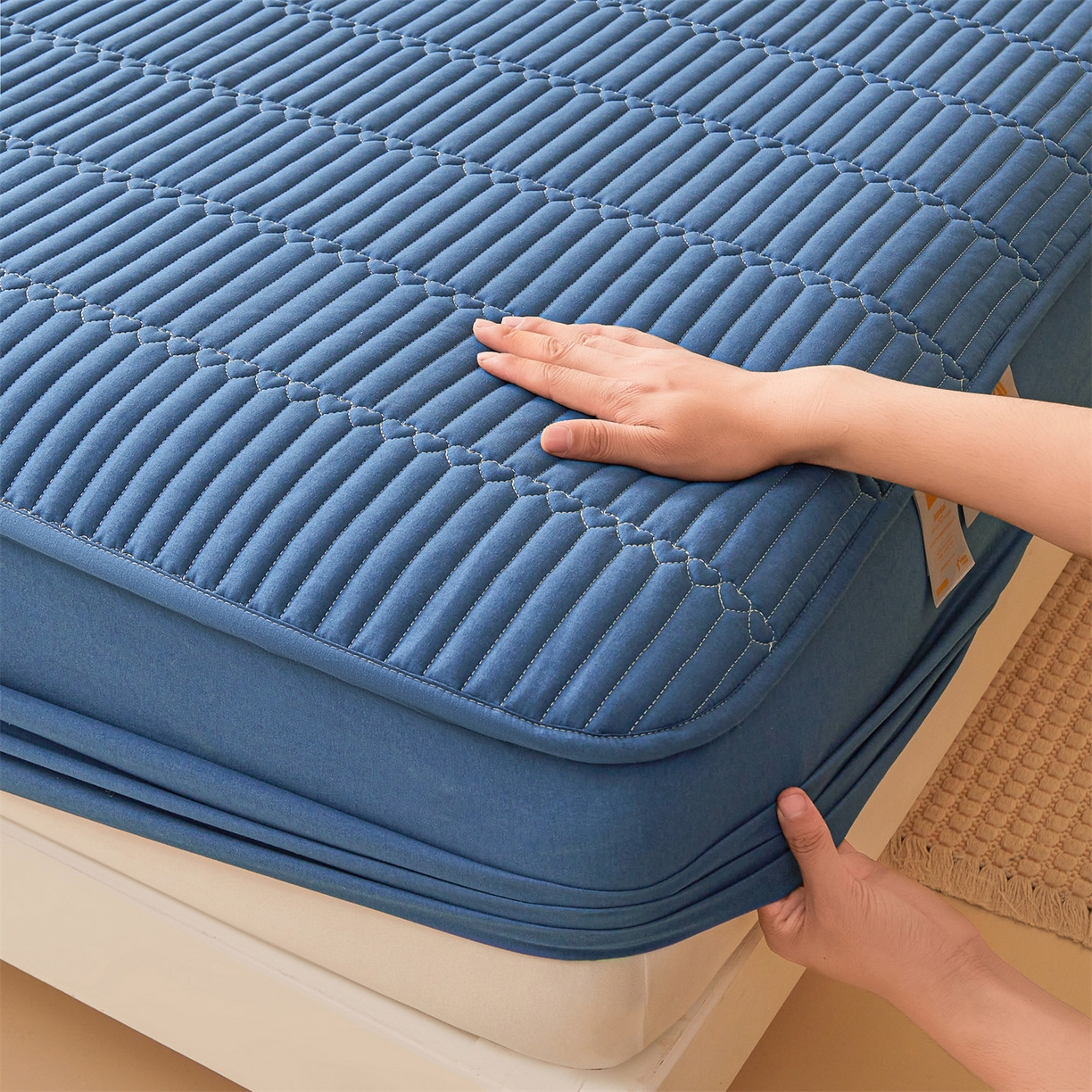 雯豆家纺 2025新款简爱A类夹棉床笠三件套水洗棉磨毛床单保护套 简爱-黛蓝