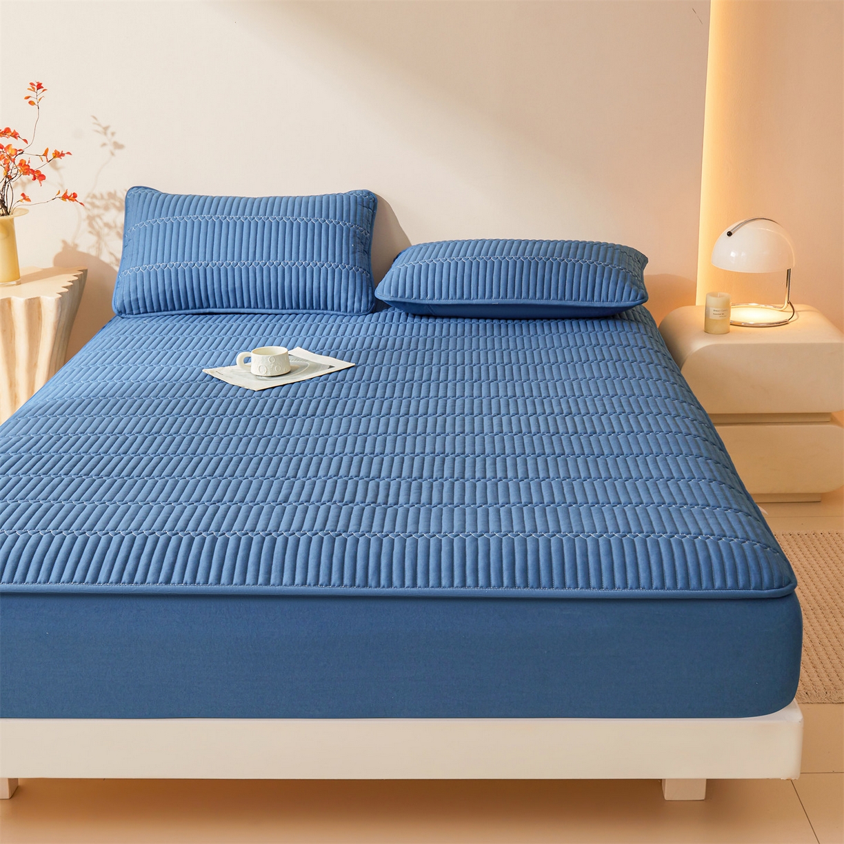 91家纺网 家纺一手货源 找家纺 雯豆家纺 2025新款简爱A类夹棉床笠三件套水洗棉磨毛床单保护套 简爱-黛蓝