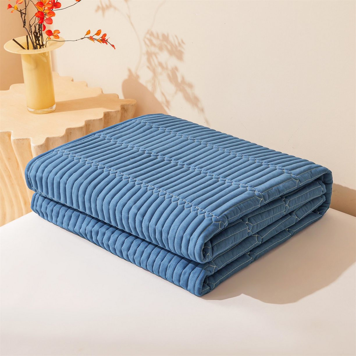 91家纺网 家纺一手货源 找家纺 雯豆家纺 2025新款简爱A类夹棉床笠三件套水洗棉磨毛床单保护套 简爱-黛蓝