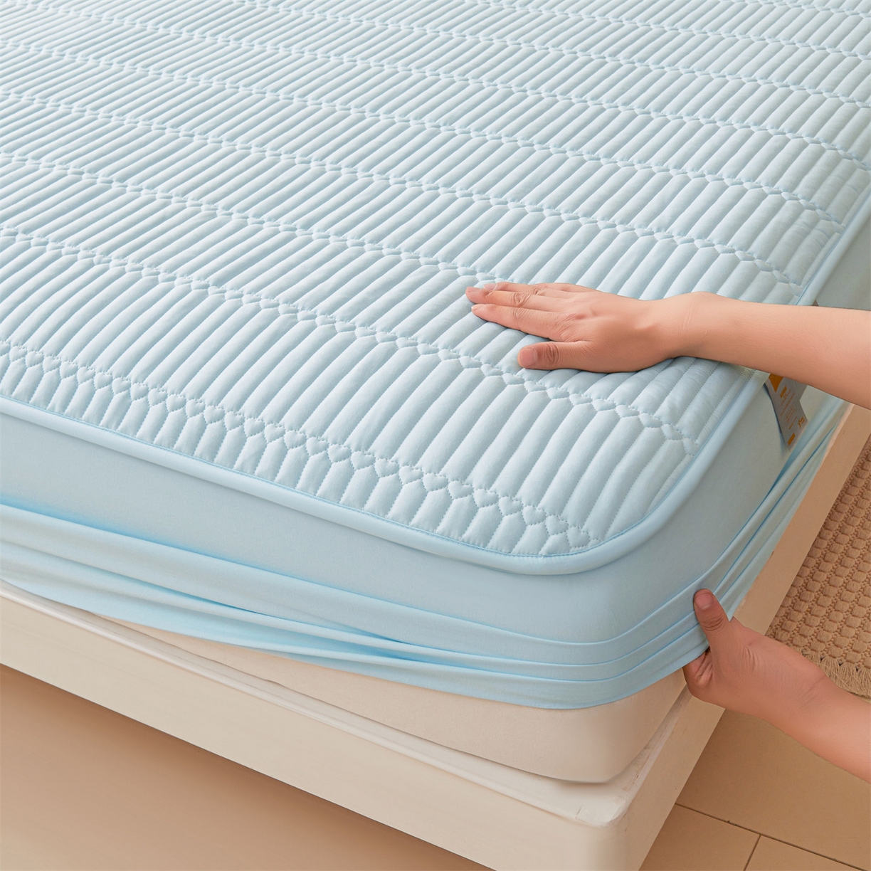 雯豆家纺 2025新款简爱A类夹棉床笠三件套水洗棉磨毛床单保护套 简爱-淡水蓝