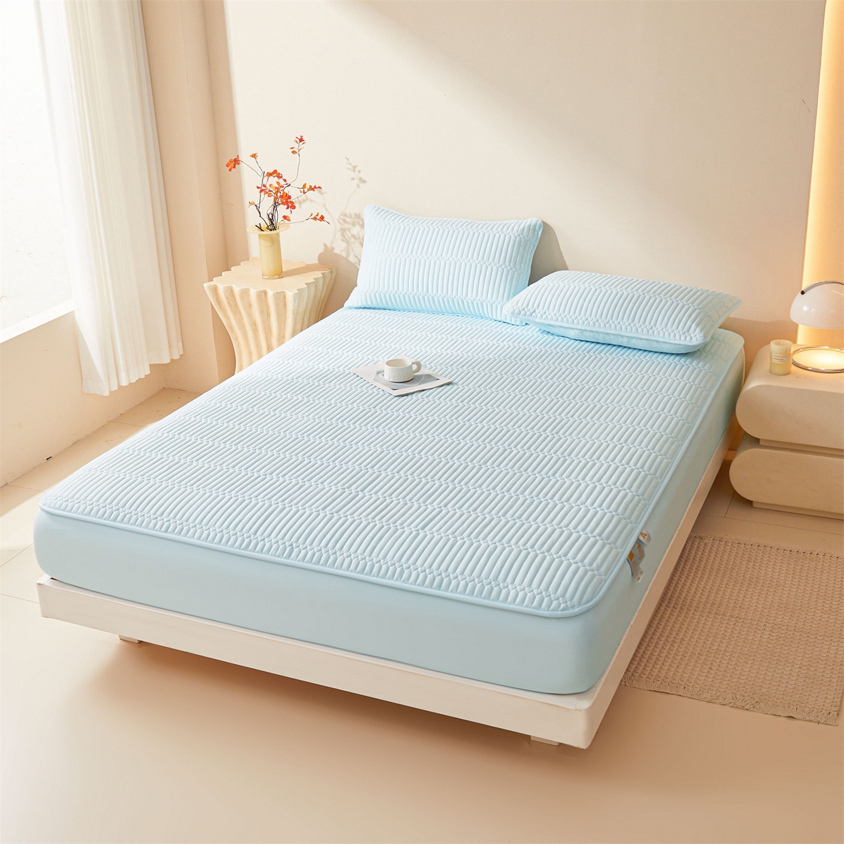 91家纺网 家纺一手货源 找家纺 雯豆家纺 2025新款简爱A类夹棉床笠三件套水洗棉磨毛床单保护套 简爱-淡水蓝