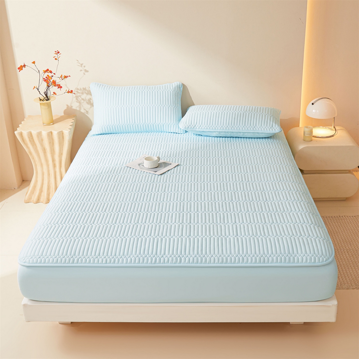 91家纺网 家纺一手货源 找家纺 雯豆家纺 2025新款简爱A类夹棉床笠三件套水洗棉磨毛床单保护套 简爱-淡水蓝