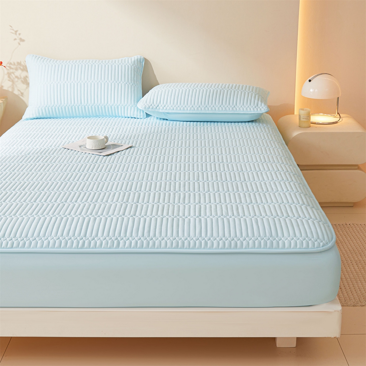 91家纺网 家纺一手货源 找家纺 雯豆家纺 2025新款简爱A类夹棉床笠三件套水洗棉磨毛床单保护套 简爱-淡水蓝