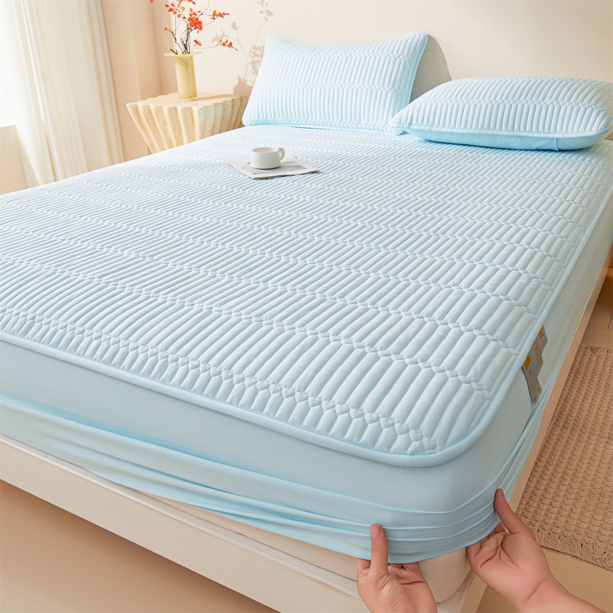 91家纺网 家纺一手货源 找家纺 雯豆家纺 2025新款简爱A类夹棉床笠三件套水洗棉磨毛床单保护套 简爱-淡水蓝