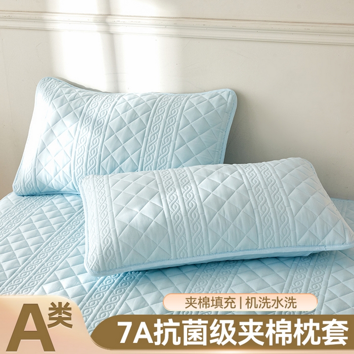 91家纺网 家纺一手货源 找家纺 雯豆家纺 2025新款简爱夹棉加厚枕套单只一对装水洗棉纯色枕芯保护套 梵可-淡水蓝