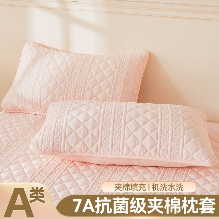 雯豆家纺 2025新款简爱夹棉加厚枕套单只一对装水洗棉纯色枕芯保护套 梵可-密合粉