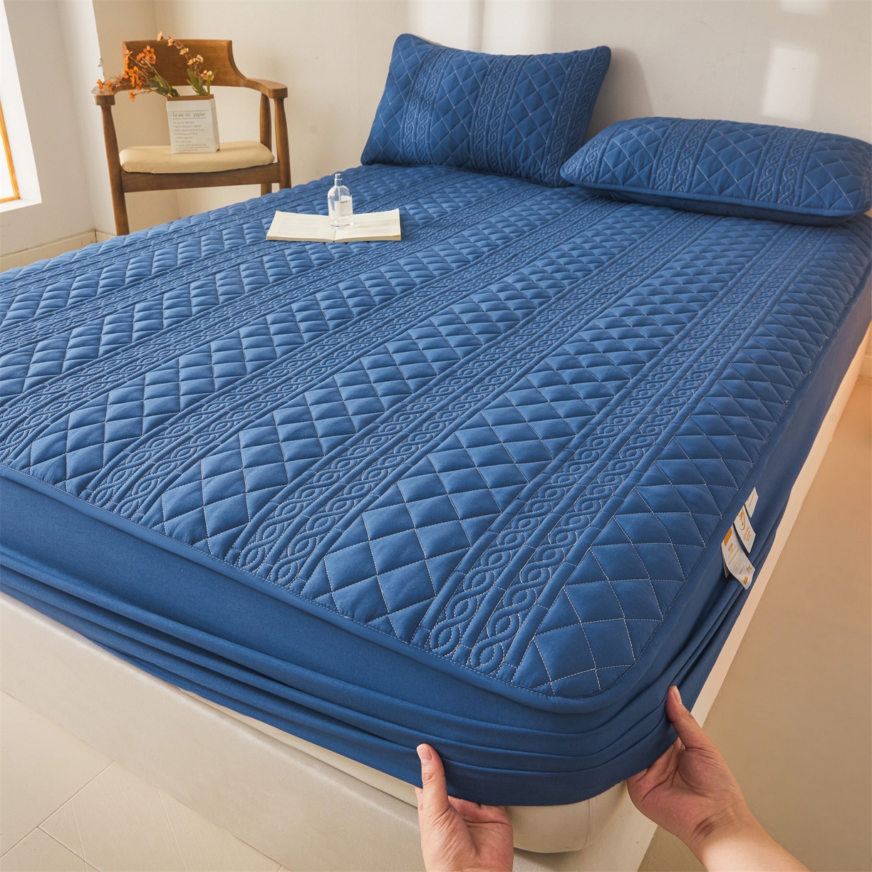 雯豆家纺 2025新款简爱A类夹棉床笠三件套水洗棉磨毛床单保护套 梵可-黛蓝