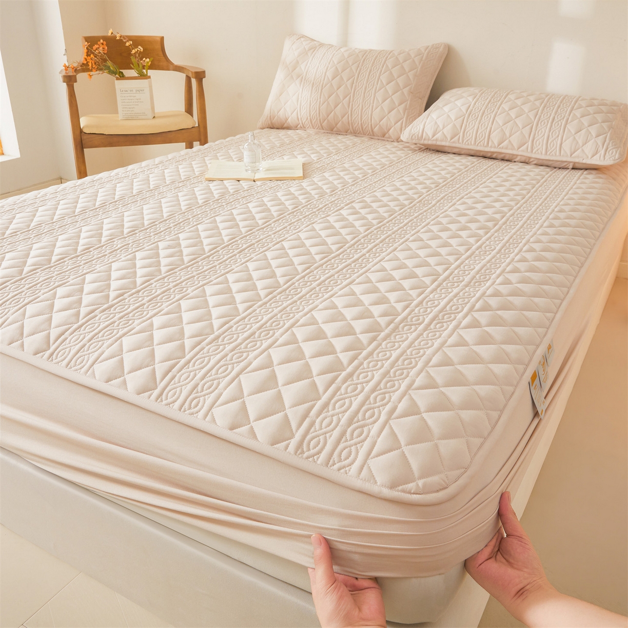 雯豆家纺 2025新款简爱A类夹棉床笠三件套水洗棉磨毛床单保护套 梵可-奶咖