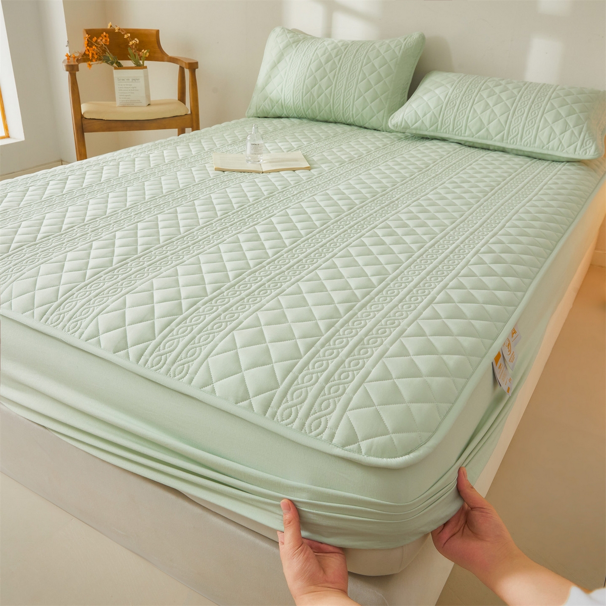 雯豆家纺 2025新款简爱A类夹棉床笠三件套水洗棉磨毛床单保护套 梵可-清雅绿