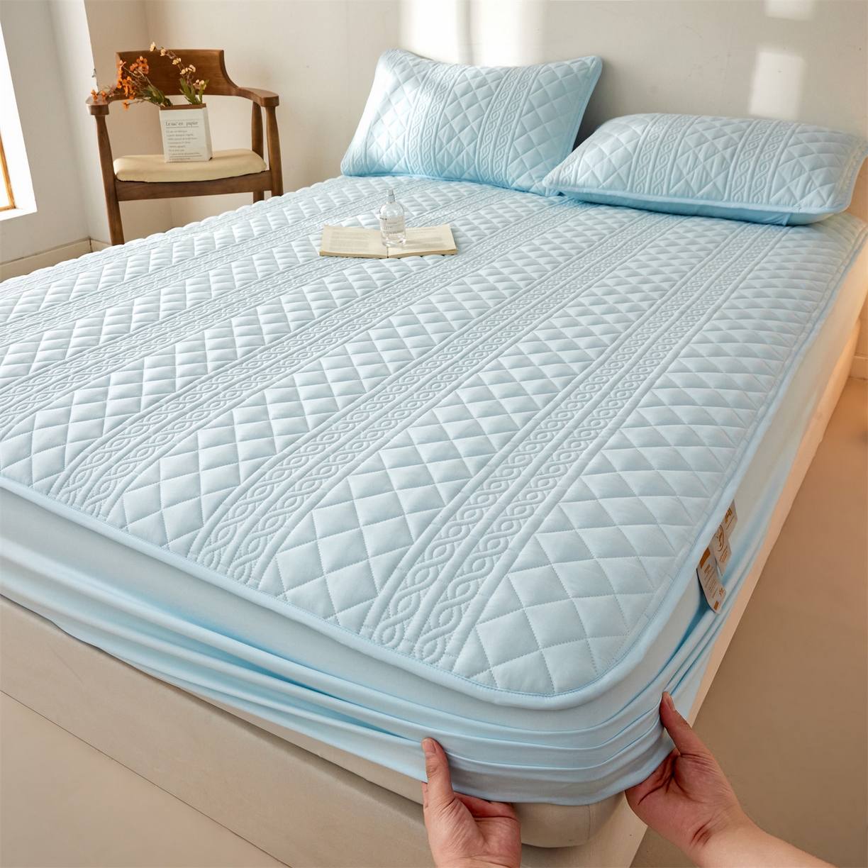 雯豆家纺 2025新款简爱A类夹棉床笠三件套水洗棉磨毛床单保护套 梵可-淡水蓝