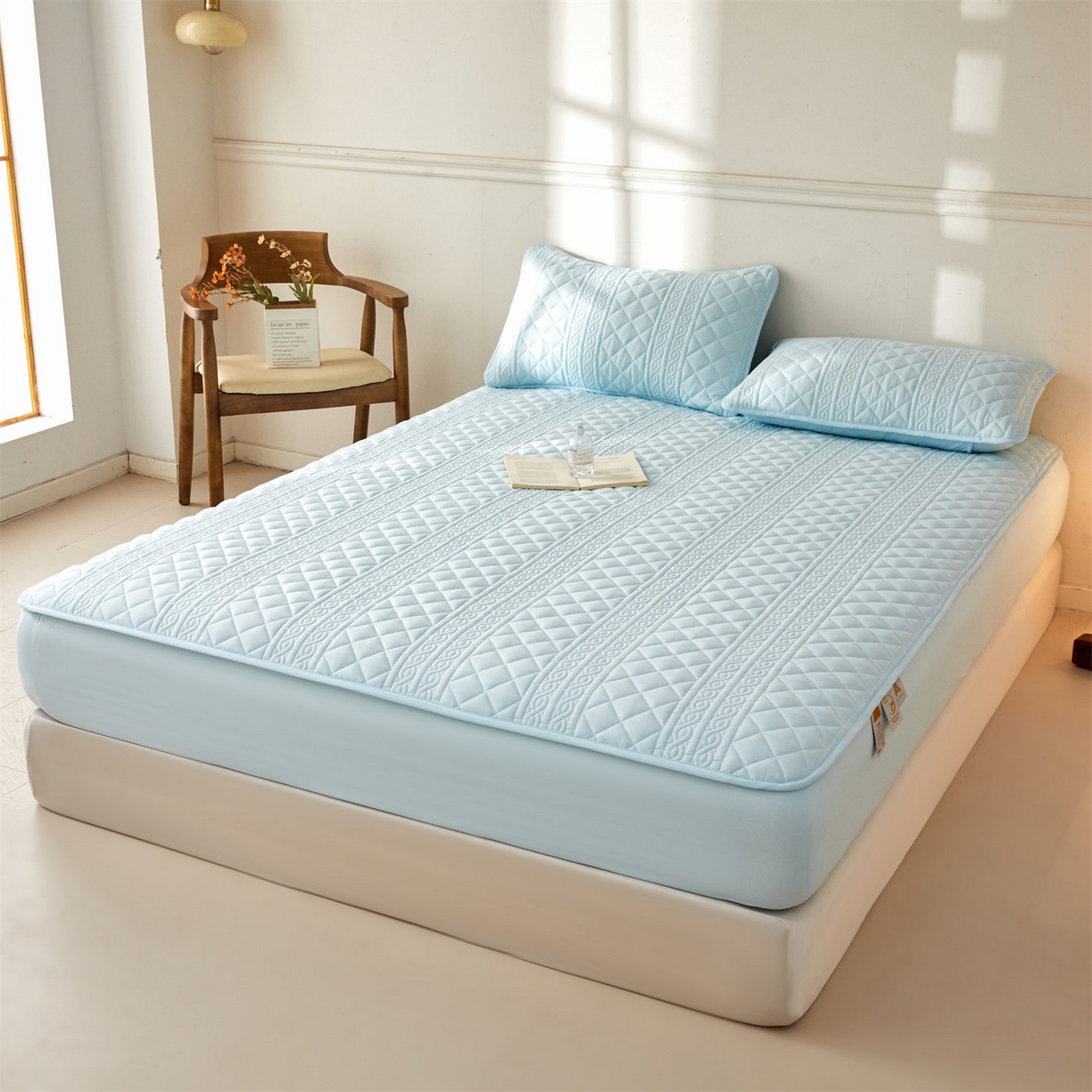 91家纺网 家纺一手货源 找家纺 雯豆家纺 2025新款简爱A类夹棉床笠三件套水洗棉磨毛床单保护套 梵可-淡水蓝