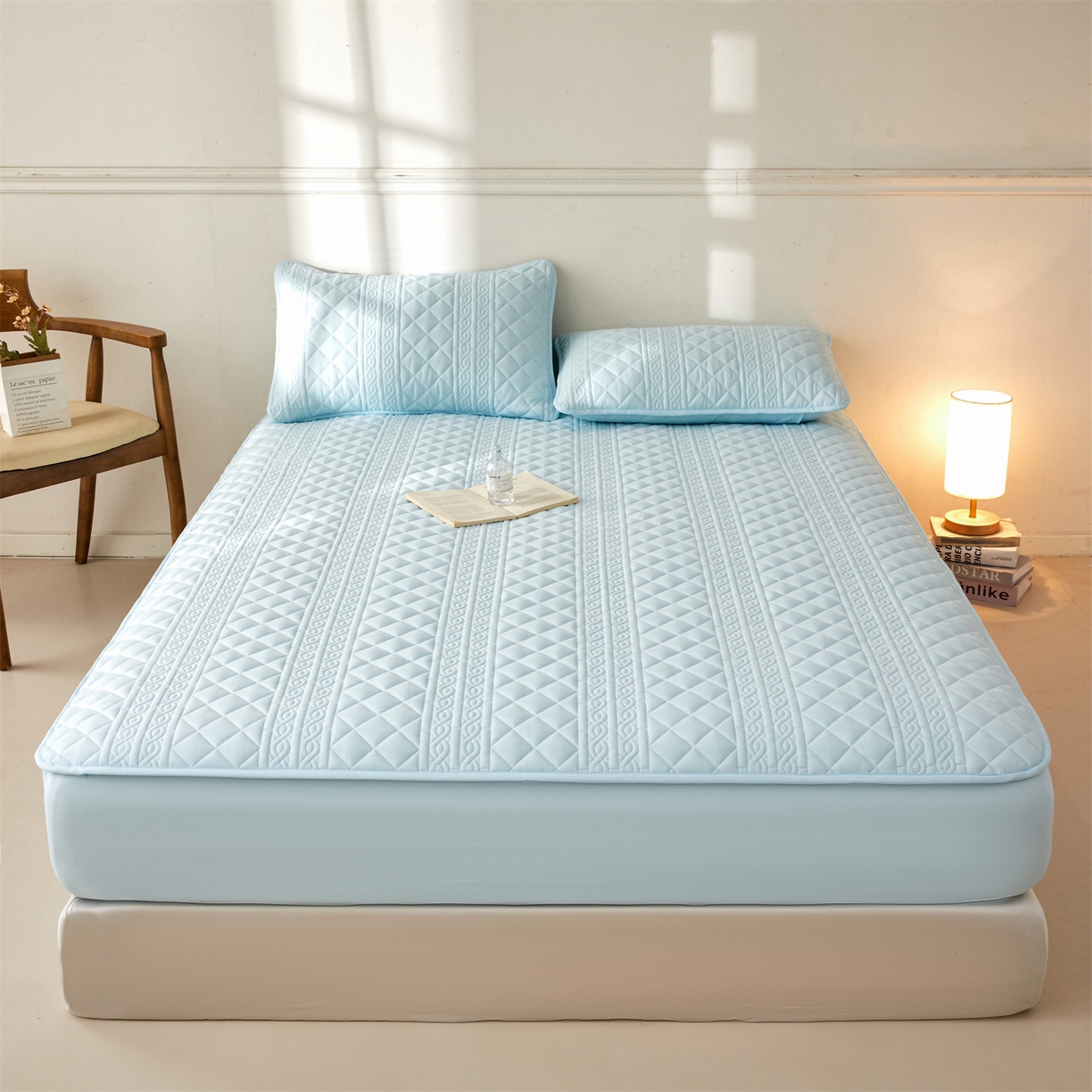 91家纺网 家纺一手货源 找家纺 雯豆家纺 2025新款简爱A类夹棉床笠三件套水洗棉磨毛床单保护套 梵可-淡水蓝