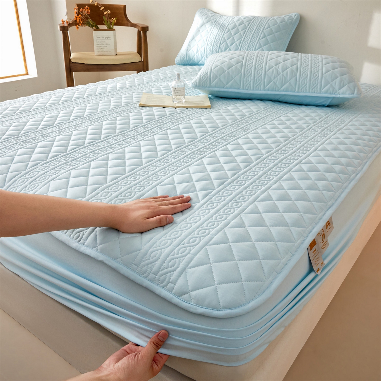 91家纺网 家纺一手货源 找家纺 雯豆家纺 2025新款简爱A类夹棉床笠三件套水洗棉磨毛床单保护套 梵可-淡水蓝