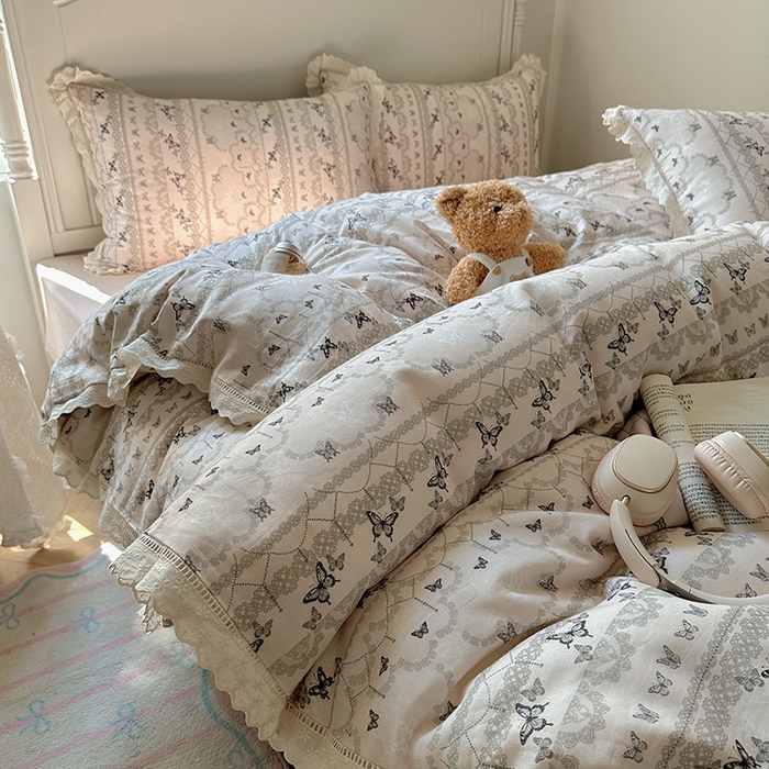 91家纺网 家纺一手货源 找家纺 （总）瑞莱 2025新款全棉纯棉A类有氧双层纱镂空花边四件套