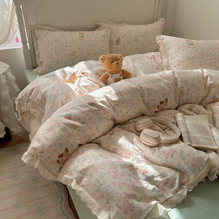 91家纺网 家纺一手货源 找家纺 （总）瑞莱 2025新款全棉纯棉A类有氧双层纱镂空花边四件套