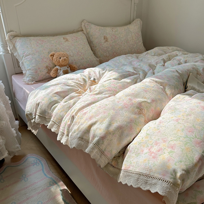 91家纺网 家纺一手货源 找家纺 （总）瑞莱 2025新款全棉纯棉A类有氧双层纱镂空花边四件套