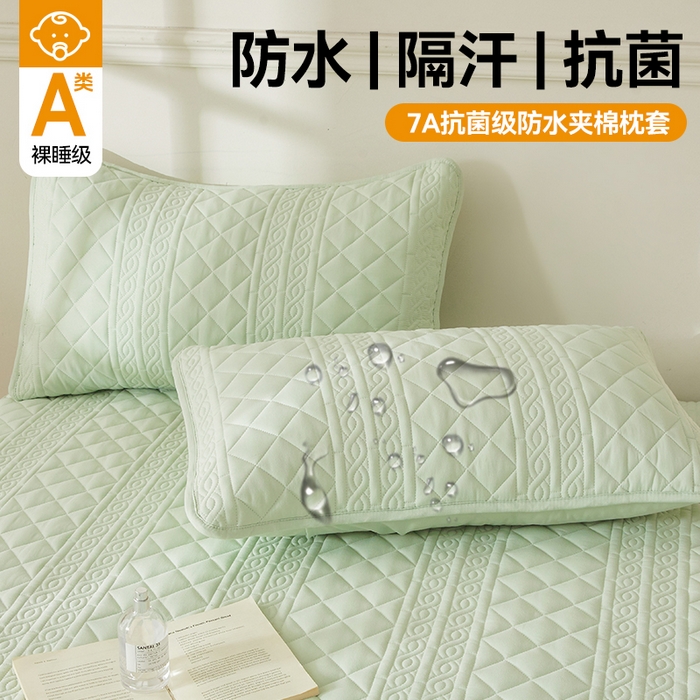 雯豆家纺 2025新款简爱防水款夹棉加厚枕套单只一对装水洗棉枕套 梵可-清雅绿