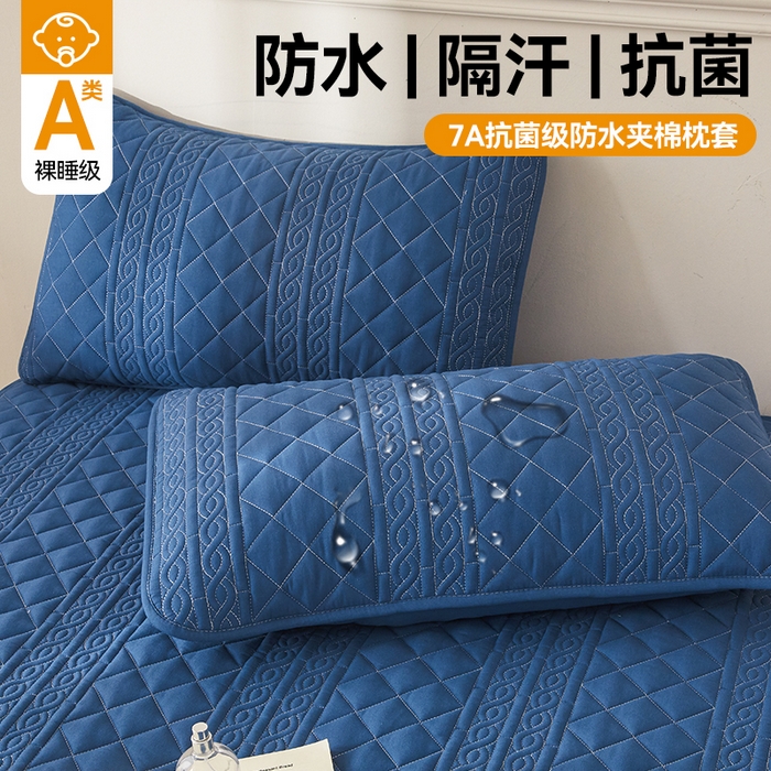 雯豆家纺 2025新款简爱防水款夹棉加厚枕套单只一对装水洗棉枕套 梵可-黛蓝