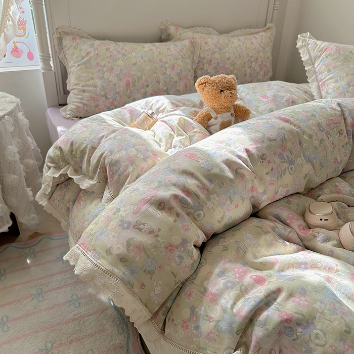 91家纺网 家纺一手货源 找家纺 瑞莱 2025新款全棉纯棉A类有氧双层纱镂空花边四件套 镂空-何枝小兔