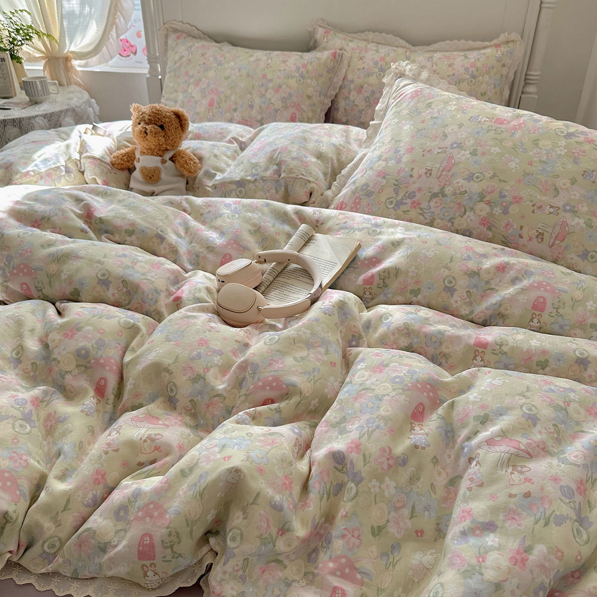 91家纺网 家纺一手货源 找家纺 瑞莱 2025新款全棉纯棉A类有氧双层纱镂空花边四件套 镂空-何枝小兔