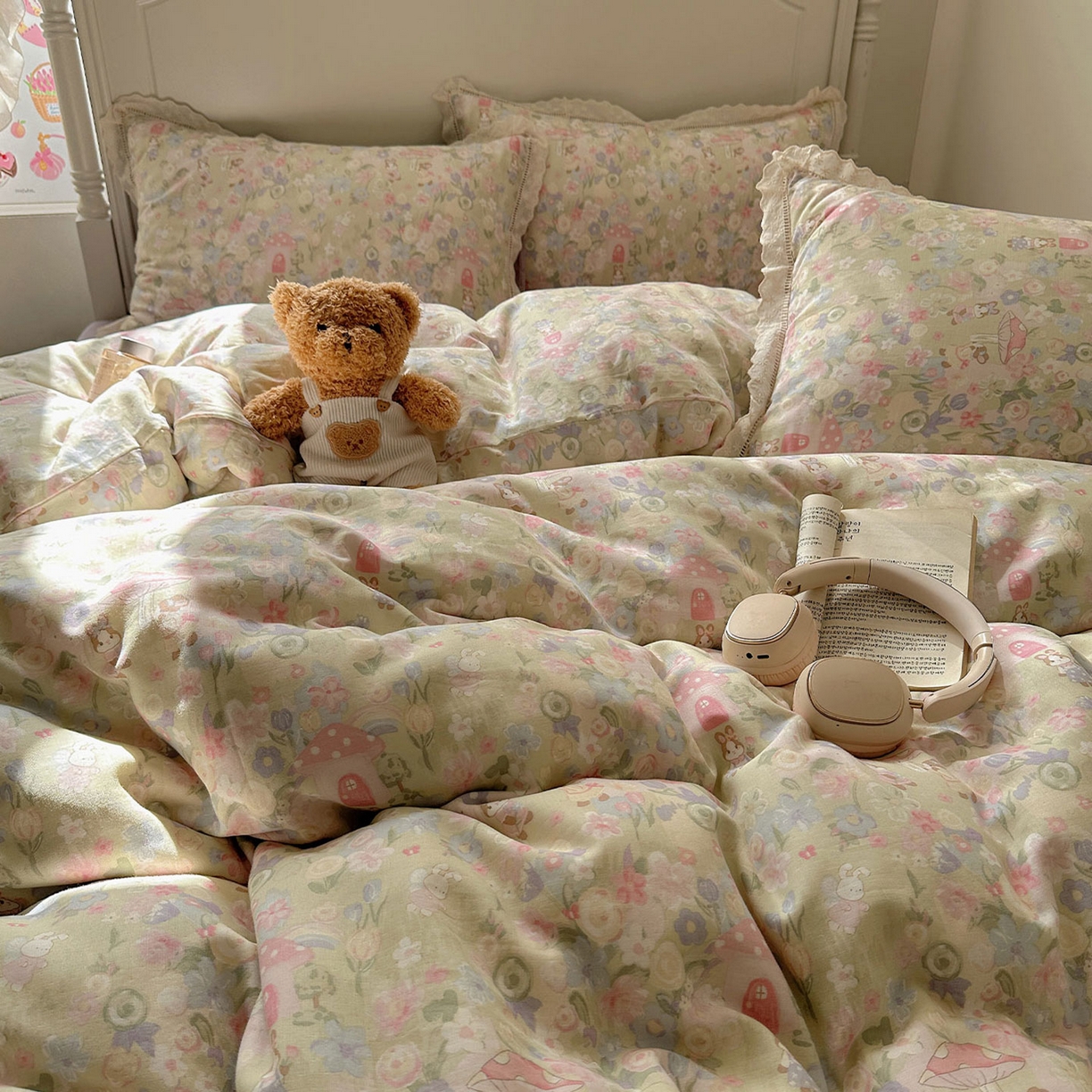 91家纺网 家纺一手货源 找家纺 瑞莱 2025新款全棉纯棉A类有氧双层纱镂空花边四件套 镂空-何枝小兔