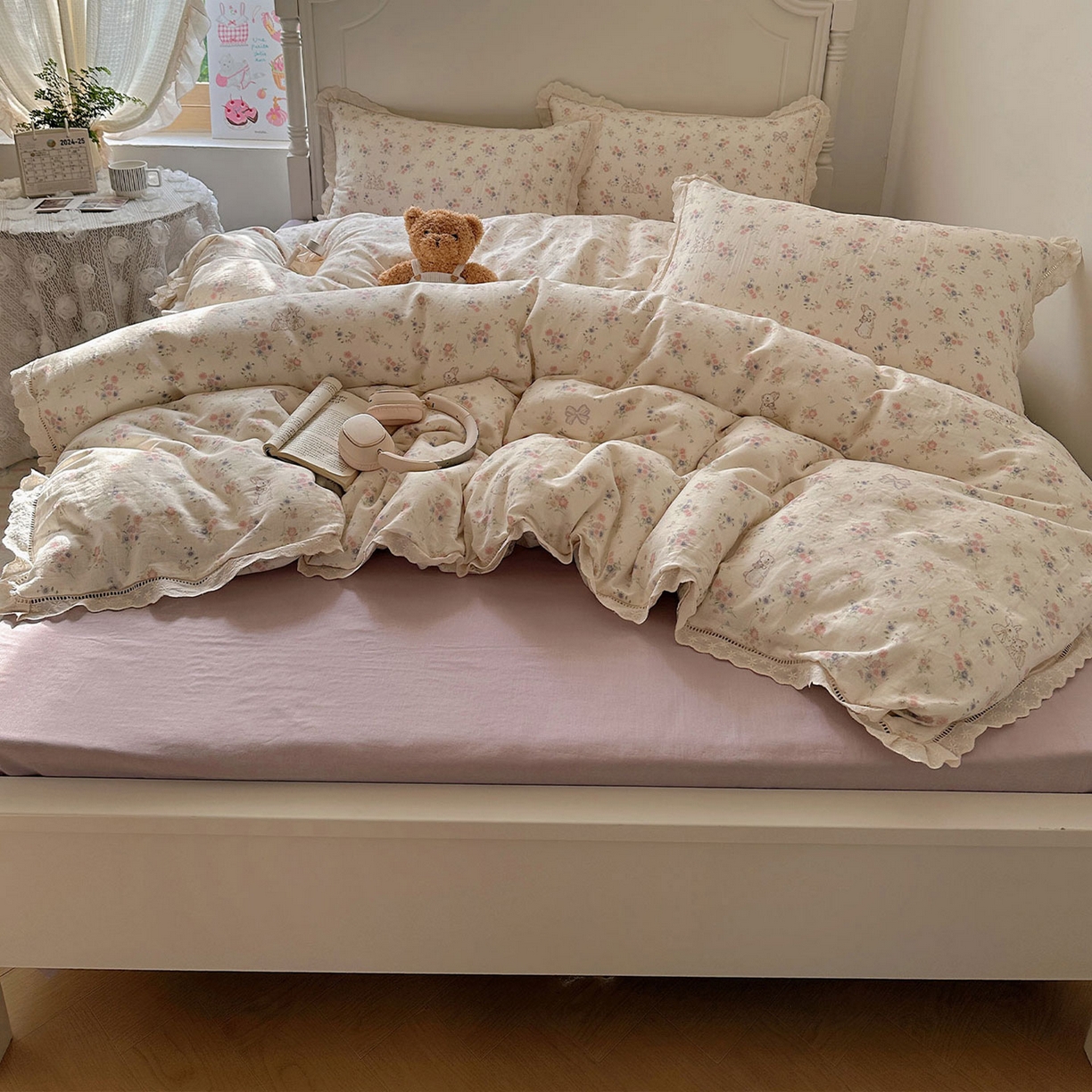 91家纺网 家纺一手货源 找家纺 瑞莱 2025新款全棉纯棉A类有氧双层纱镂空花边四件套 镂空-萝莉兔