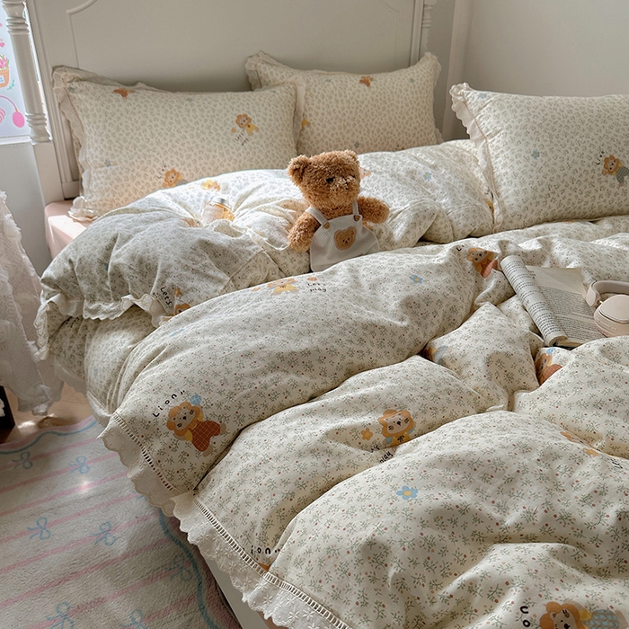 91家纺网 家纺一手货源 找家纺 瑞莱 2025新款全棉纯棉A类有氧双层纱镂空花边四件套 镂空-萌萌狮