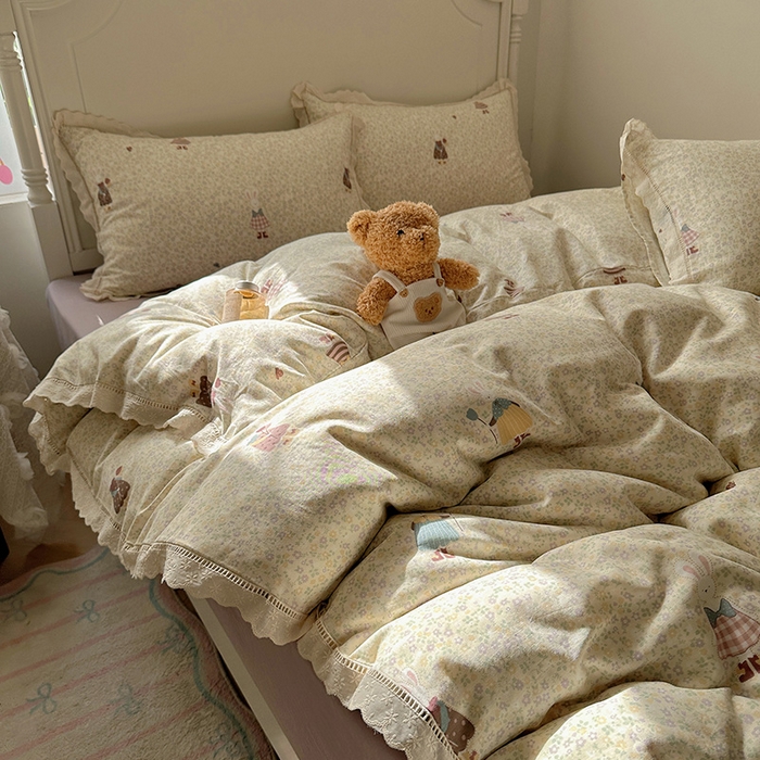 91家纺网 家纺一手货源 找家纺 瑞莱 2025新款全棉纯棉A类有氧双层纱镂空花边四件套 镂空-原宿小兔