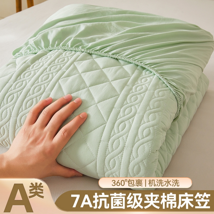 91家纺网 家纺一手货源 找家纺 雯豆家纺 2025新款梵可A类夹棉防水床笠三件套水洗棉磨毛床单保护套 梵可-清雅绿