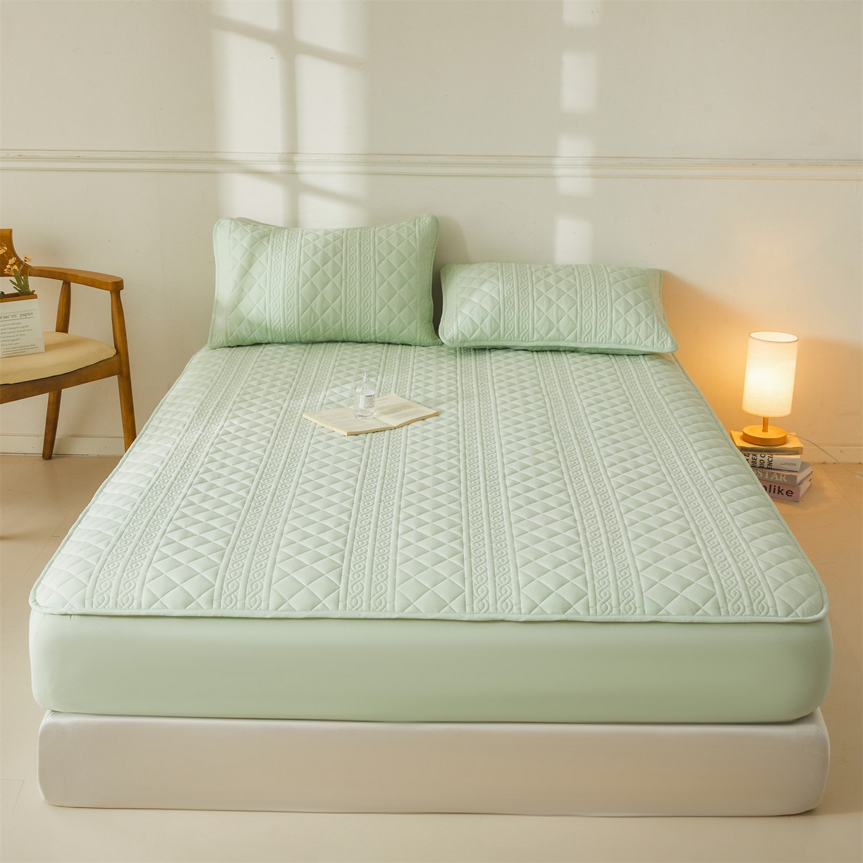 91家纺网 家纺一手货源 找家纺 雯豆家纺 2025新款梵可A类夹棉防水床笠三件套水洗棉磨毛床单保护套 梵可-清雅绿