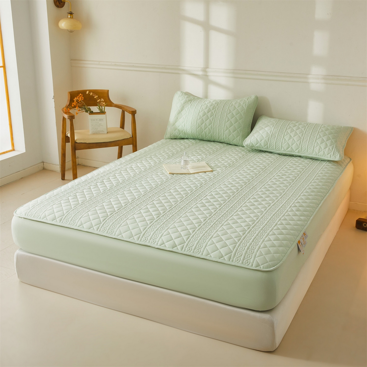 91家纺网 家纺一手货源 找家纺 雯豆家纺 2025新款梵可A类夹棉防水床笠三件套水洗棉磨毛床单保护套 梵可-清雅绿