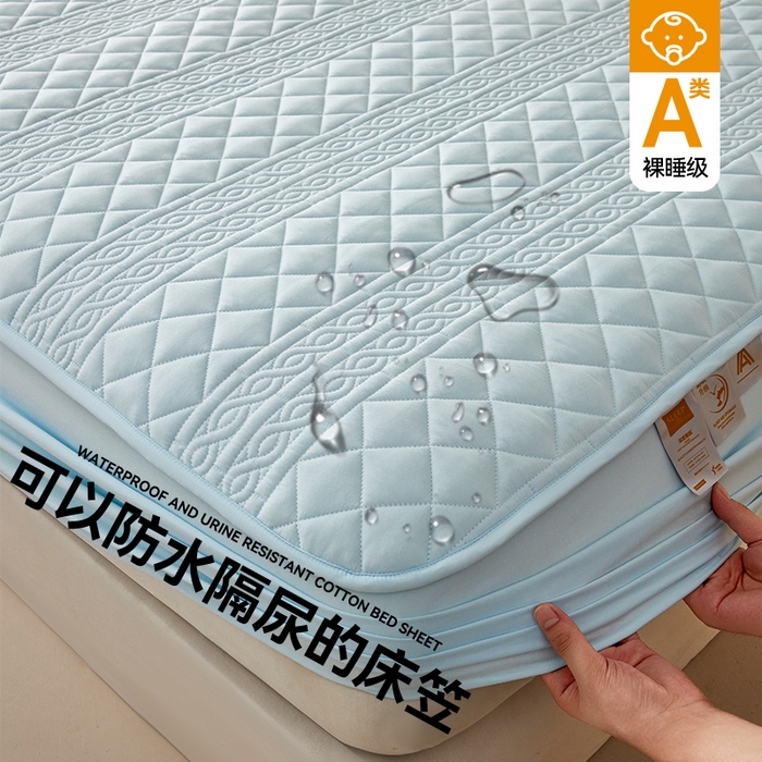 雯豆家纺 2025新款梵可A类夹棉防水床笠三件套水洗棉磨毛床单保护套 梵可-淡水蓝
