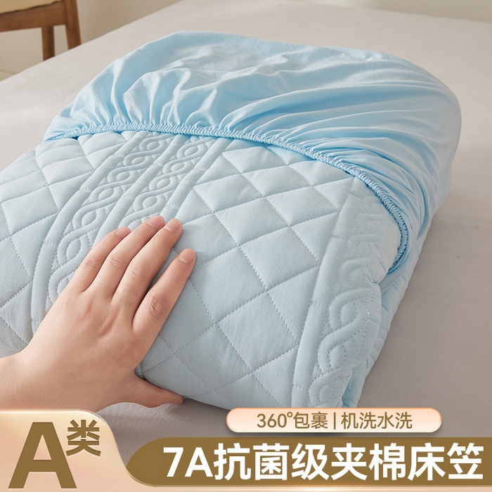 91家纺网 家纺一手货源 找家纺 雯豆家纺 2025新款梵可A类夹棉防水床笠三件套水洗棉磨毛床单保护套 梵可-淡水蓝
