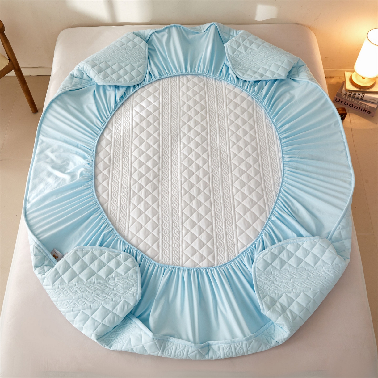 91家纺网 家纺一手货源 找家纺 雯豆家纺 2025新款梵可A类夹棉防水床笠三件套水洗棉磨毛床单保护套 梵可-淡水蓝