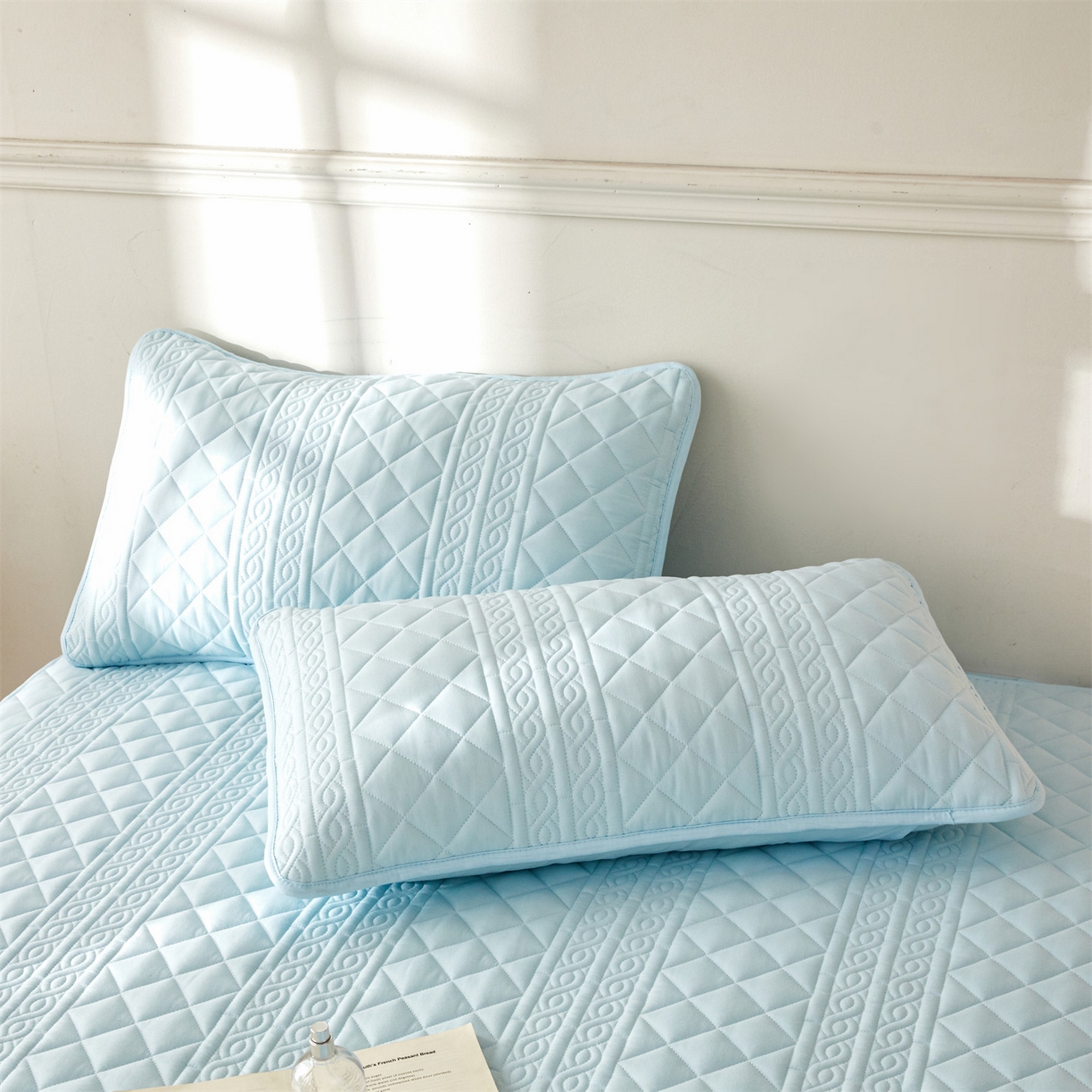 91家纺网 家纺一手货源 找家纺 雯豆家纺 2025新款梵可A类夹棉防水床笠三件套水洗棉磨毛床单保护套 梵可-淡水蓝