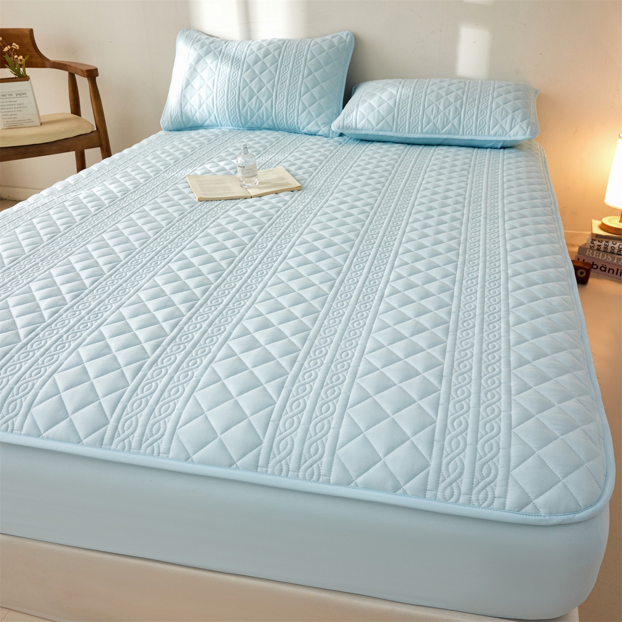 91家纺网 家纺一手货源 找家纺 雯豆家纺 2025新款梵可A类夹棉防水床笠三件套水洗棉磨毛床单保护套 梵可-淡水蓝