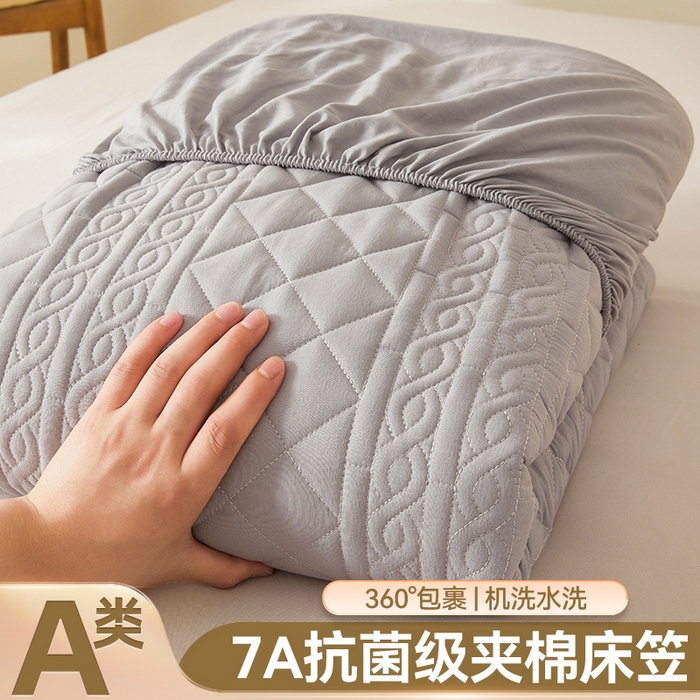 91家纺网 家纺一手货源 找家纺 雯豆家纺 2025新款梵可A类夹棉防水床笠三件套水洗棉磨毛床单保护套 梵可-暮云灰