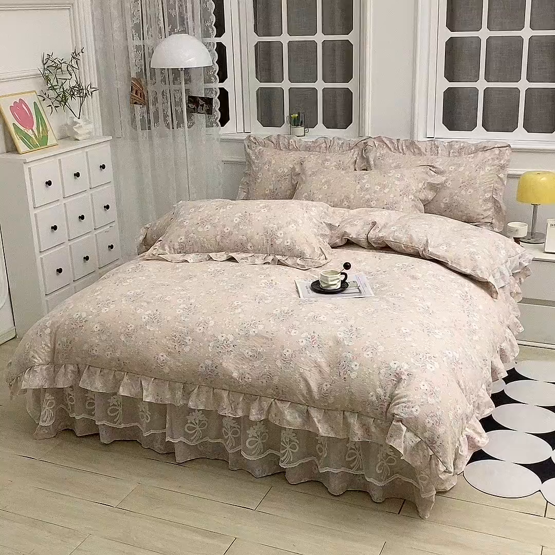 91家纺网 家纺一手货源 找家纺 （总）衿成家纺 2025新款A类双层纱蕾丝花边床裙四件套