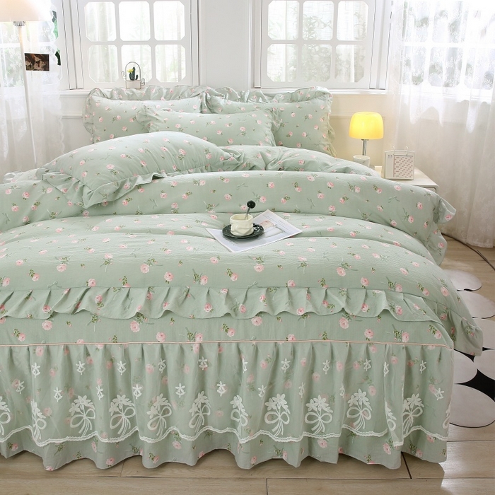 91家纺网 家纺一手货源 找家纺 衿成家纺 2025新款A类双层纱蕾丝花边床裙四件套 半身倾慕