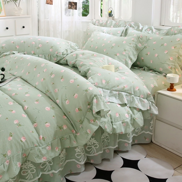 91家纺网 家纺一手货源 找家纺 衿成家纺 2025新款A类双层纱蕾丝花边床裙四件套 半身倾慕