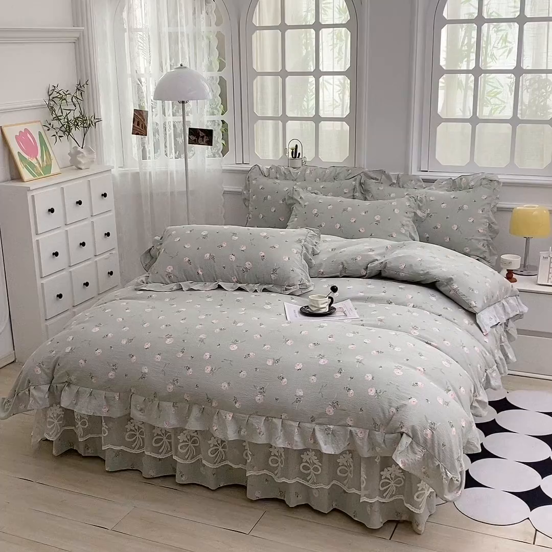 91家纺网 家纺一手货源 找家纺 衿成家纺 2025新款A类双层纱蕾丝花边床裙四件套 半身倾慕