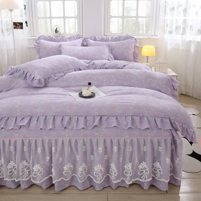 91家纺网 家纺一手货源 找家纺 衿成家纺 2025新款A类双层纱蕾丝花边床裙四件套 倾心紫