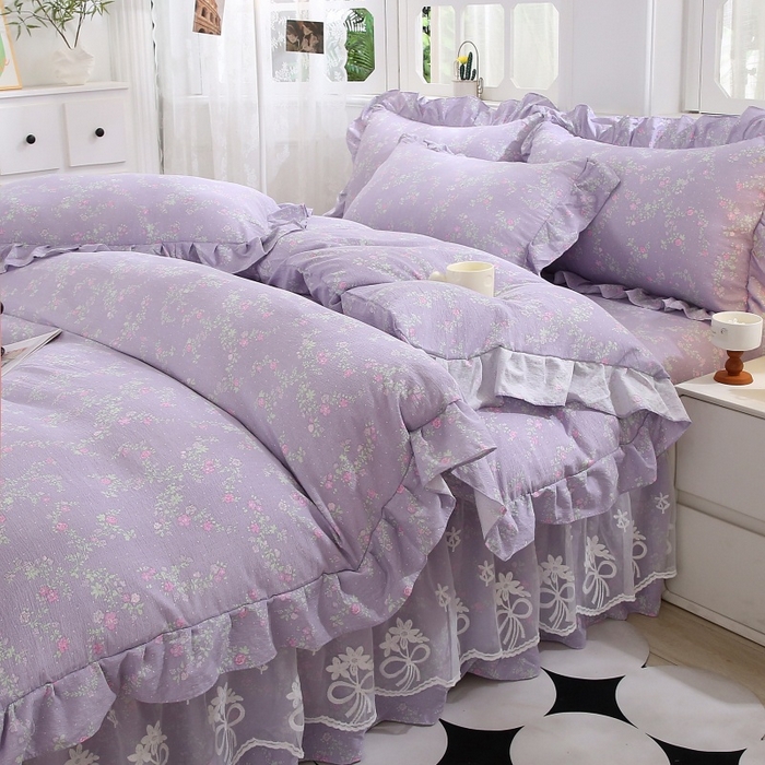 91家纺网 家纺一手货源 找家纺 衿成家纺 2025新款A类双层纱蕾丝花边床裙四件套 倾心紫