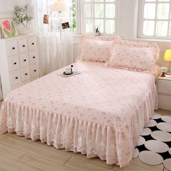 91家纺网 家纺一手货源 找家纺 衿成家纺 2025新款A类双层纱蕾丝花边床裙四件套 甜蜜甜筒