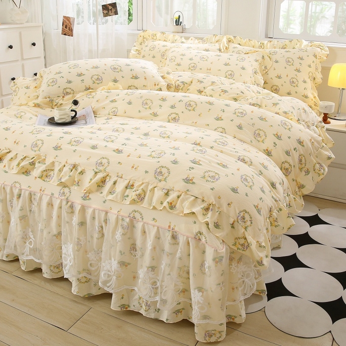 91家纺网 家纺一手货源 找家纺 衿成家纺 2025新款A类双层纱蕾丝花边床裙四件套 兔子欢喜