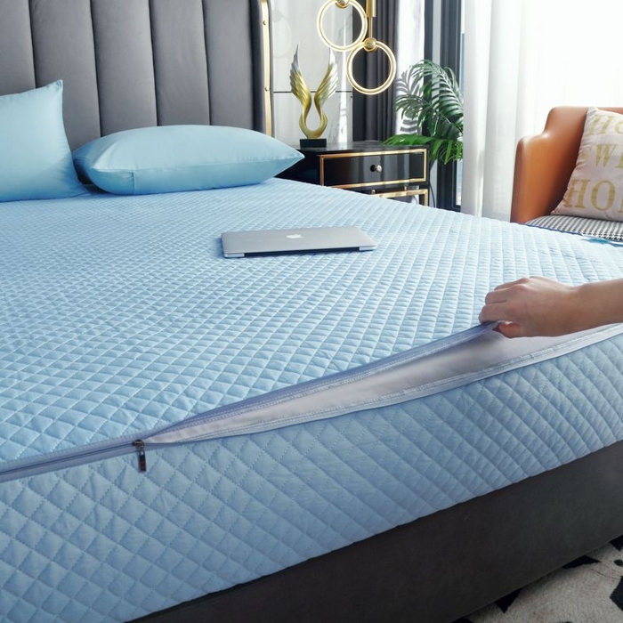 91家纺网 家纺一手货源 找家纺 衿成家纺 2025新品清雅全棉六面全包床笠 全棉六包清雅蓝