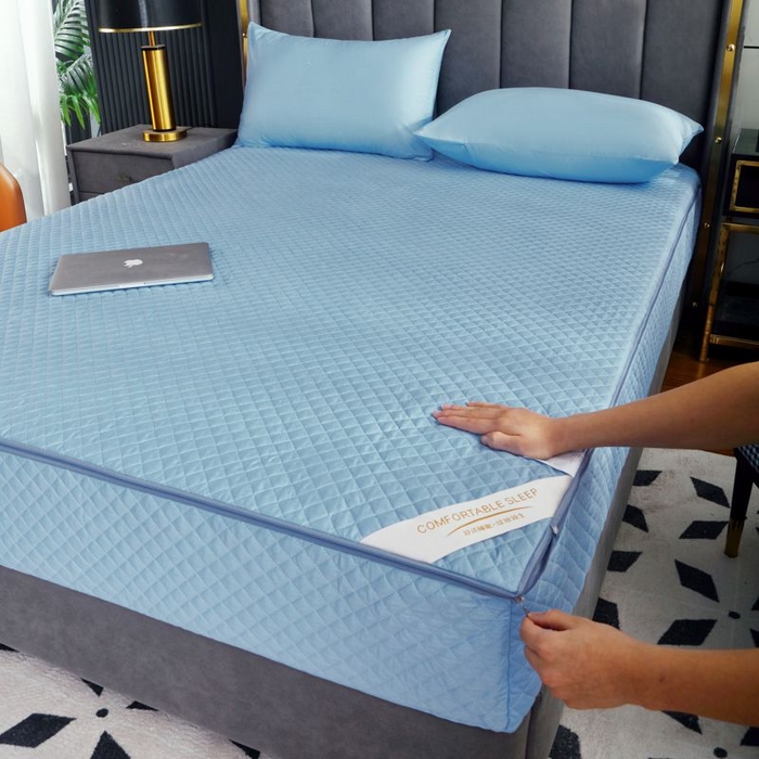 91家纺网 家纺一手货源 找家纺 衿成家纺 2025新品清雅全棉六面全包床笠 全棉六包清雅蓝